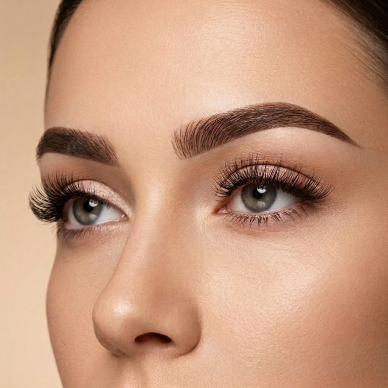 Professional brow lamination and eyelash extensions on a woman with flawless skin against a neutral background.