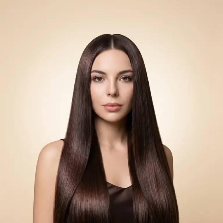 Woman with long, smooth, shiny dark brown straight hair after a professional blowout treatment at Margarita Salon in Sharjah.